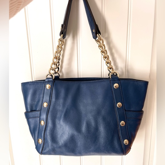 MICHAEL KORS Gold Studded Navy Blue Leather Side Pocket Shoulder Bag Purse - Picture 8 of 8